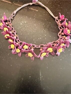 Rare Antique celluloid 1940s purple flowers on cord  necklace